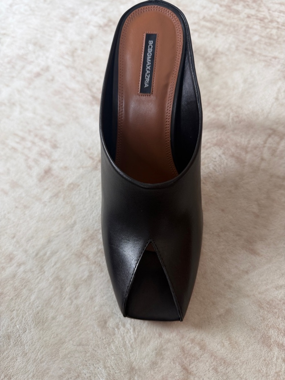 BCBGMaxAzria Black Leather Peep-Toe Slide Mule
